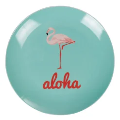 Gifi Assiette à dessert ronde bleu turquoise flamant rose aloha| Vaisselle Et Accessoires De Table