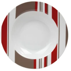 Gifi Assiette creuse porcelaine rayures taupe rouge blanc| Vaisselle Et Accessoires De Table