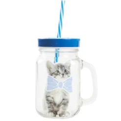 Gifi Bocal à paille avec anse et couvercle motif chat bleu et blanc| Vaisselle Et Accessoires De Table