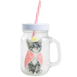 Gifi Bocal à paille avec anse et couvercle motif chat rose et blanc| Vaisselle Et Accessoires De Table