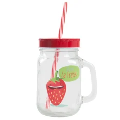 Gifi Bocal à paille avec anse et couvercle Blaise La Fraise rouge et blanc| Vaisselle Et Accessoires De Table