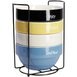 Gifi Bol en faïence Ø14 x H8 cm x4 et support| Vaisselle Et Accessoires De Table