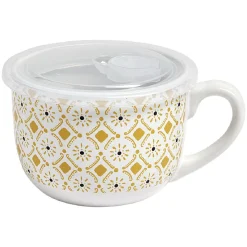 Gifi Bol jumbo blanc à motif ethnique jaune et noir couvercle transparent| Vaisselle Et Accessoires De Table