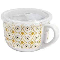 Gifi Bol jumbo blanc à motif ethnique jaune et noir couvercle transparent| Vaisselle Et Accessoires De Table