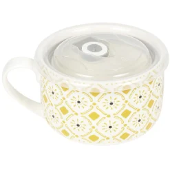 Gifi Bol jumbo soupe avec couvercle en porcelaine blanc motif jaune| Vaisselle Et Accessoires De Table