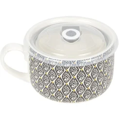 Gifi Bol jumbo soupe avec couvercle en porcelaine blanc motif noir| Vaisselle Et Accessoires De Table