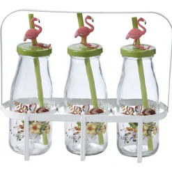Gifi Bouteilles x3 avec pailles design exotique x3 panier métal blanc| Vaisselle Et Accessoires De Table