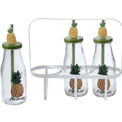 Gifi Bouteilles x3 avec pailles design exotique x3 panier métal blanc| Vaisselle Et Accessoires De Table