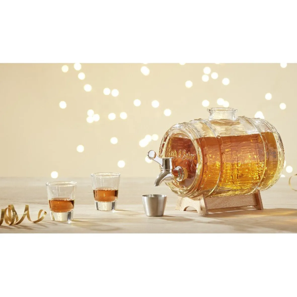 Gifi Distributeur de boisson tonneau support bois 1,5 L verres x2| Vaisselle Et Accessoires De Table