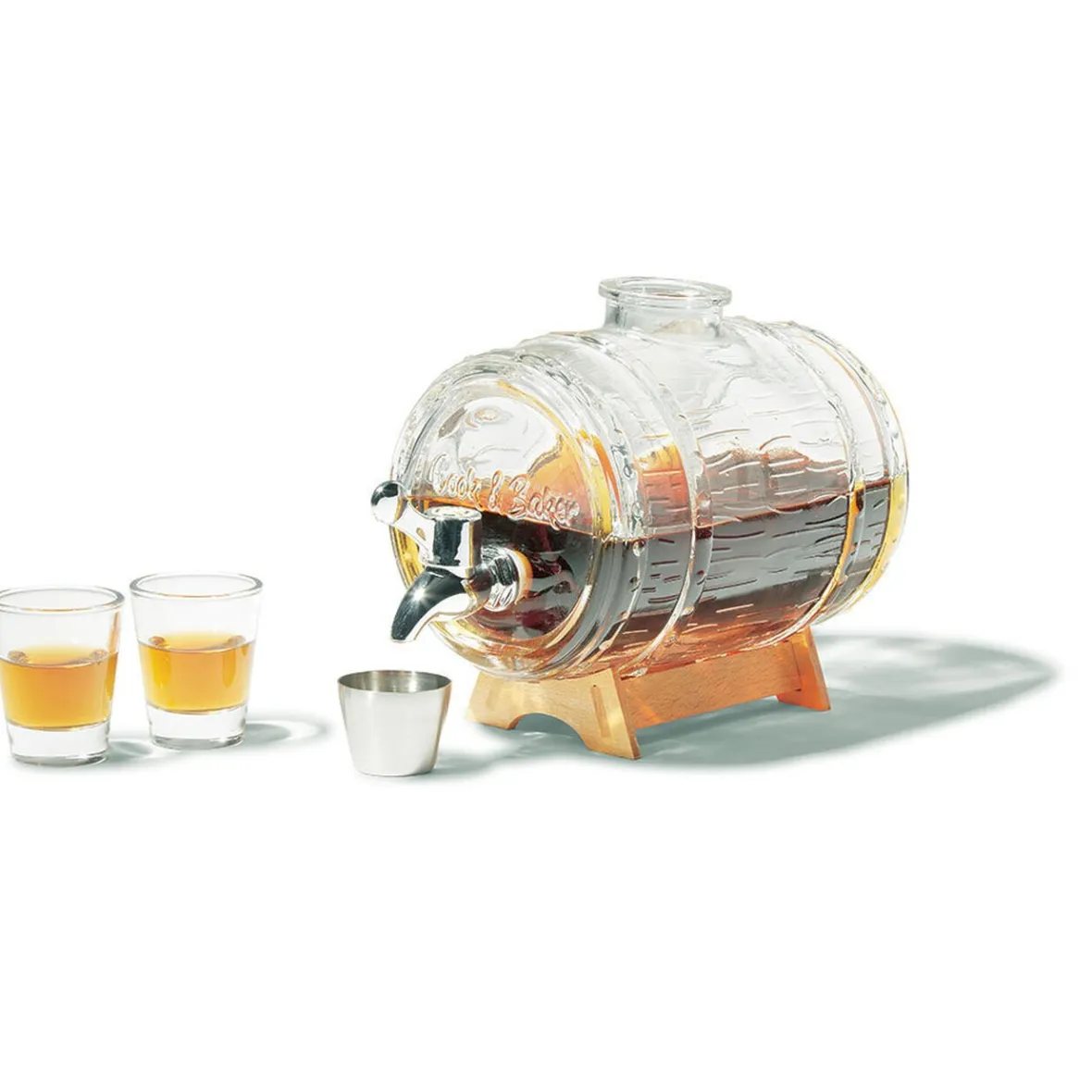 Gifi Distributeur de boisson tonneau support bois 1,5 L verres x2| Vaisselle Et Accessoires De Table