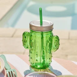Gifi Gobelet en verre avec paille forme cactus ou fraise Ø10xH12,5cm| Vaisselle Et Accessoires De Table