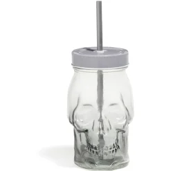 Gifi Gobelet en verre forme tête de mort avec paille et couvercle gris| Vaisselle Et Accessoires De Table