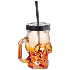 Gifi Gobelet en verre forme tête de mort avec paille et couvercle| Vaisselle Et Accessoires De Table