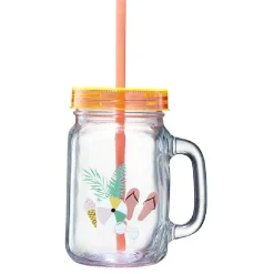 Gifi Gobelet en verre motif exotique avec paille 480 ml| Vaisselle Et Accessoires De Table