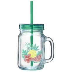 Gifi Gobelet en verre motif exotique avec paille 480 ml| Vaisselle Et Accessoires De Table
