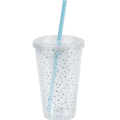 Gifi Gobelet plastique transparent couvercle et paille motif étoile bleu| Vaisselle Et Accessoires De Table