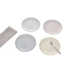 Gifi Lot de 4 assiettes à dessert porcelaine motif trait triangle multicolore Ø19cm| Vaisselle Et Accessoires De Table