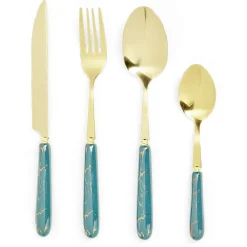 Gifi Ménagère inox x16 doré avec manche effet marbre| Vaisselle Et Accessoires De Table
