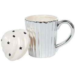 Gifi Mug cupcake gris argenté avec couvercle blanc| Vaisselle Et Accessoires De Table
