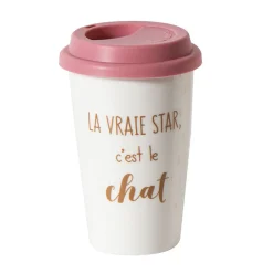 Gifi Mug de transport en céramique rose motif tête de chats doré 400 ml| Vaisselle Et Accessoires De Table