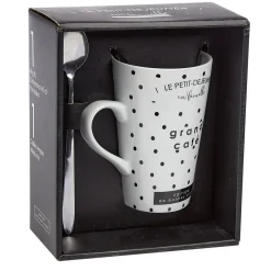 Gifi Mug porcelaine avec cuillère inox motif pois noir blanc 45 cl| Vaisselle Et Accessoires De Table