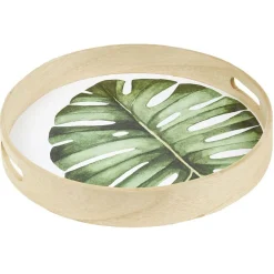 Gifi Plateau de service rond en bois motif feuille| Vaisselle Et Accessoires De Table