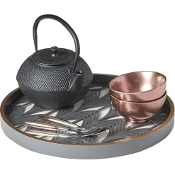 Gifi Plateau rond inspiration orientale en métal et bois rouge ou gris| Vaisselle Et Accessoires De Table