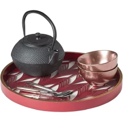 Gifi Plateau rond inspiration orientale en métal et bois rouge ou gris| Vaisselle Et Accessoires De Table