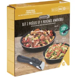 Cuisson<Gifi Poêle aluminium x2 avec poignée amovible x1 Ø20 et 24cm