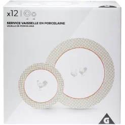 Gifi Service à vaisselle design campagne poule 12 pièces gris blanc rouge| Vaisselle Et Accessoires De Table