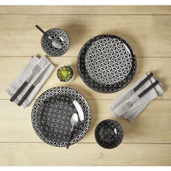 Gifi Service vaisselle en porcelaine 18 pièces motif graphique noir et blanc| Vaisselle Et Accessoires De Table