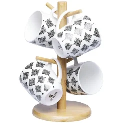 Vaisselle Et Accessoires De Table<Gifi Set 4 mugs décor arabesque noir et blanc et support en bambou