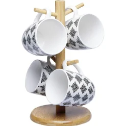 Vaisselle Et Accessoires De Table<Gifi Set 4 mugs décor arabesque noir et blanc et support en bambou