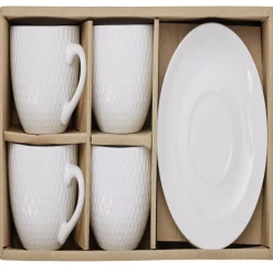 Gifi Tasse embossée avec sous-tasse faïence blanc x4| Vaisselle Et Accessoires De Table