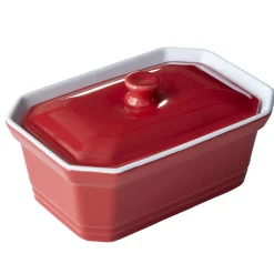 Cuisson<Gifi Terrine avec couvercle et presse rectangulaire rouge blanche