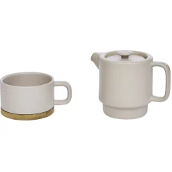 Gifi Tisanière 40cl et tasse 25cl grès taupe avec support bambou| Vaisselle Et Accessoires De Table