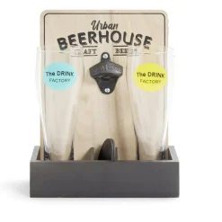Gifi Verres à bière 50cl x2 avec support décapsuleur et 2 sous verres| Vaisselle Et Accessoires De Table